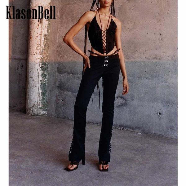 

4.22 klasonbell lace-up design spaghetti strap knitted short tank or hook bandage flare pants fashion set women women's two piece, White