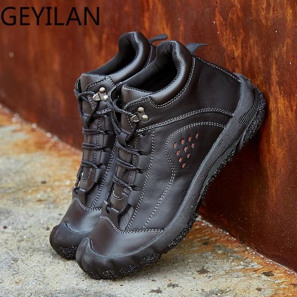 

boots men winter snow plush warm genuine leather ankle lace up outdoor male work shoes botas hombre big size 48 n5, Black