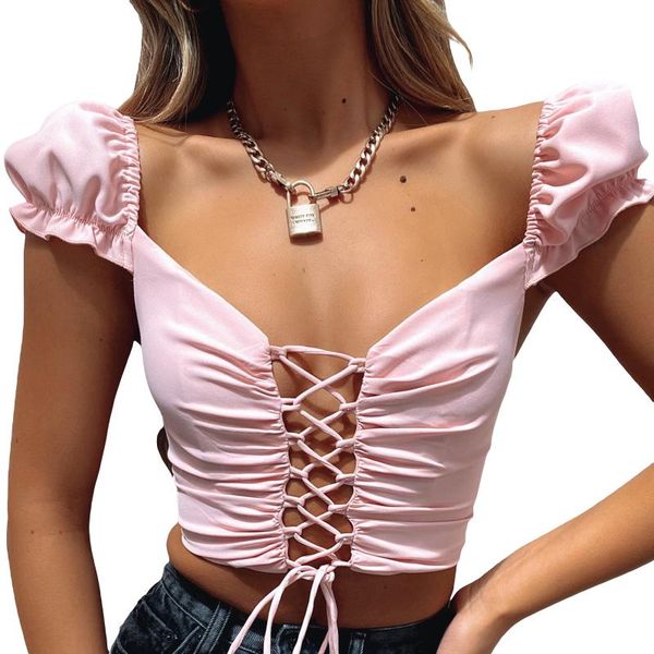 

low cut lace up t-shirt women puff short sleeve summer solid color v-neck skinny bandage crop basic tees female women's, White