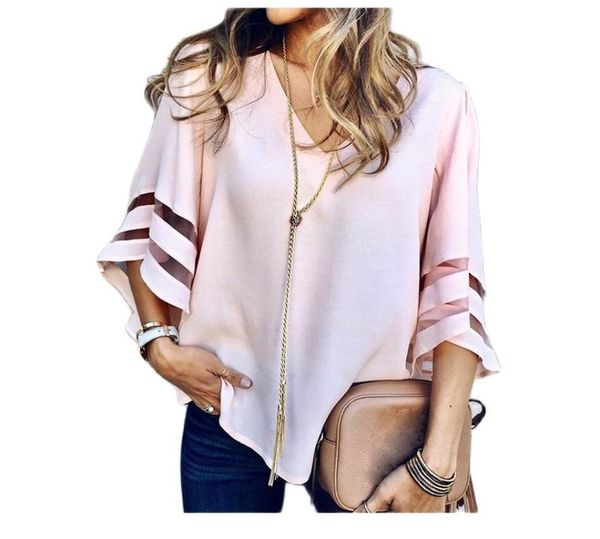

women's blouses & shirts v neck flared sleeves mesh patchwork summer plus size 5xl casual loose women blouse pink street womens, White