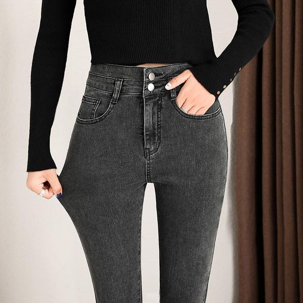 

winter skinny jeans woman high waist double button jean denim pants pencil stretch slim mom women's, Blue