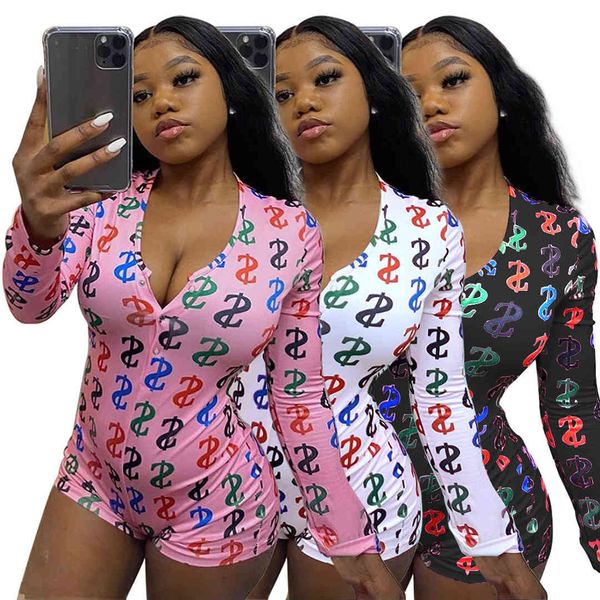 

women's jumpsuits & rompers new women fashion printed short bodysuit deep v neck jumpsuit long sleeve romper pants home casual wear clo, Black;white