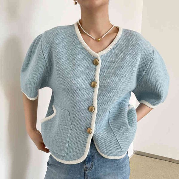 

[ewq] blue casual loose panelled jacket new v-neck half sleeve women single breasted coat fashion tide spring autumn 2f0560 210423, Black;brown
