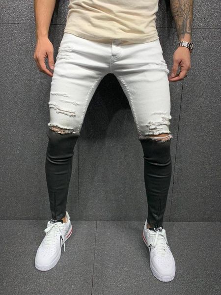 

men's jeans premium white transition zipper embroidery slim fit, Blue