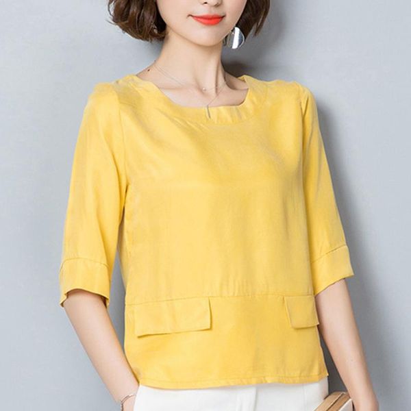 

women's blouses & shirts 2021 summer fashion women silk yellow green white loose half sleeve blouse , woman xxl casual european style s