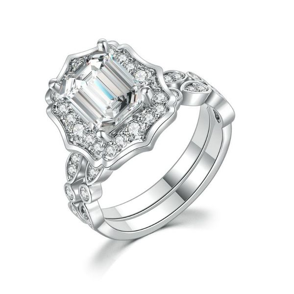 Luxuriöses rechteckiges Kristall-Zirkonia-Ring-Set für Frauen, Hochzeit, Verlobung, Weißgold-Schmuck, 2 Stück, Ringe im Angebot