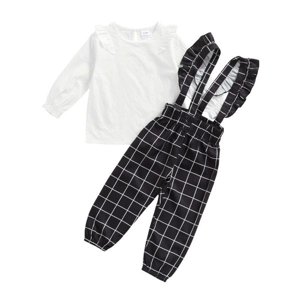 

clothing sets infant kids baby girls casual two-piece clothes set, white solid color pullover and plaid printed pattern suspender pants 1-5t