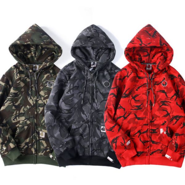 

men's casual camouflage paneled hoodies sweatshirt bathing ape cardigan hip hop letters long sleeve shark print women men couples hoode, Black