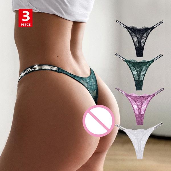 

women's panties underwear thong shiny rhinestone lace transparency lingerie 3pcs\lot, Black;pink