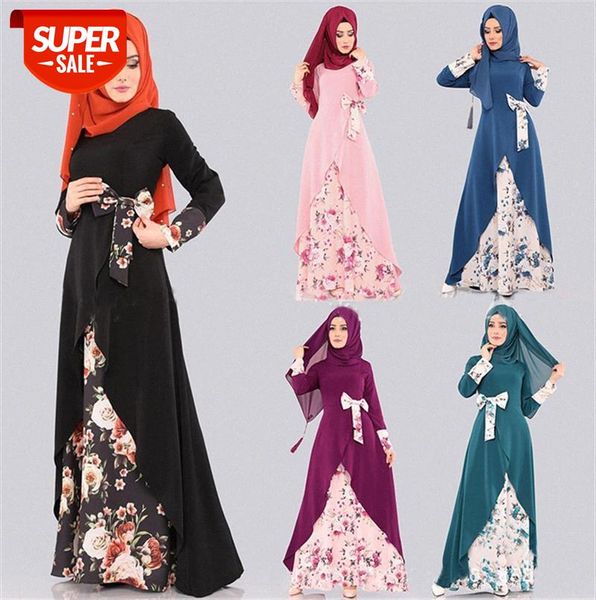 

long skirt fake two-piece print sleeve loose waist temperament commuter pullover dress #292a, Black