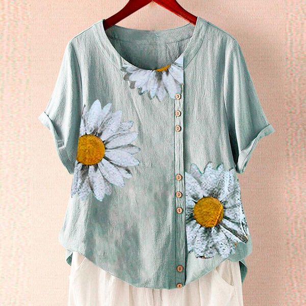 

women's blouses & shirts floral printing shirt vintage blouse summer casual round neck short sleeve camisas for women koszula damska, White