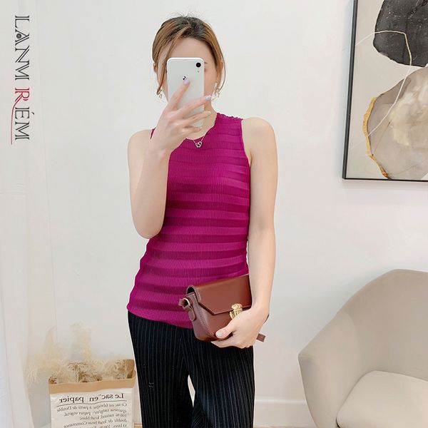 

ladies pleated blue short t-shirt round neck sleeveless slim fit all-match fashion trendy summer 2e1421 210507, White