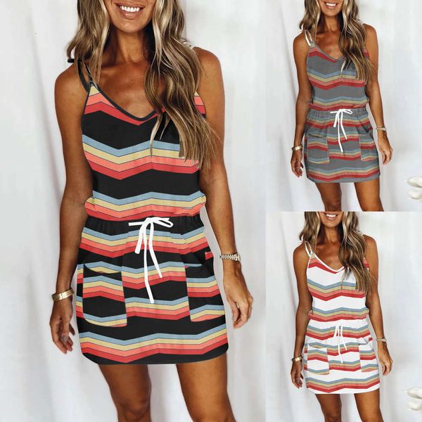 

summer women's suspender loose print striped vest jumpsuit skirt, Black;gray