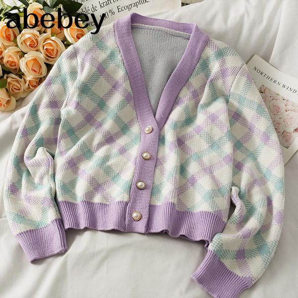 

women's knits & tees korean v-neck long sleeve knitted cardigan hit color plaid single breasted loose short sweater 2021 spring autumn, White