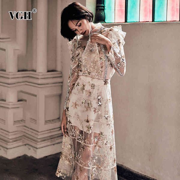 

vgh patchwork print set for women sequined perspective stand collar long sleeve high waist skirt sets female fashion autumn 210421, White
