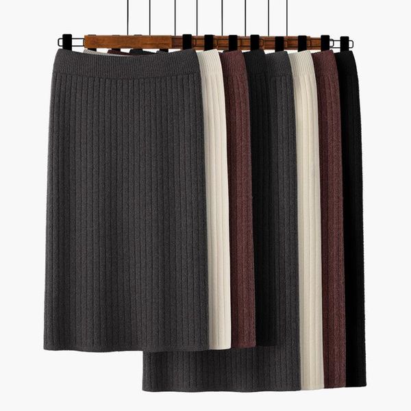 

skirts women autumn winter warm knitted pencil ladies elastic tight high waist thick stripes split skirt for 40-70kg, Black