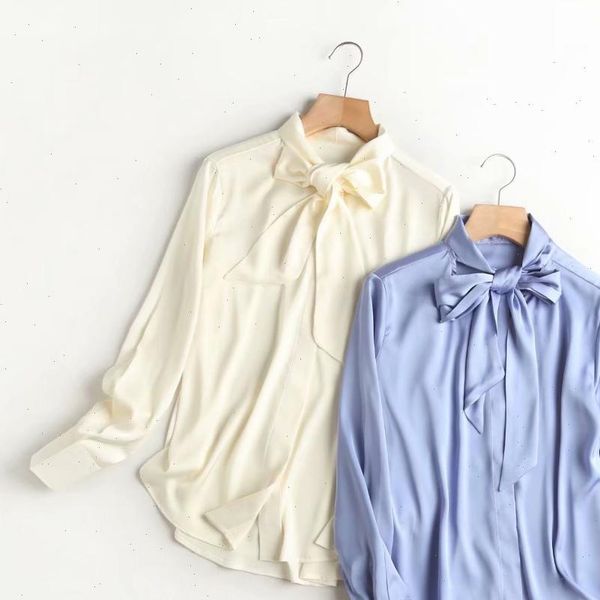 

office lady shirt women bow womens blouses tie silk blouse elegant stain blue white ropa mujer vintage blusas