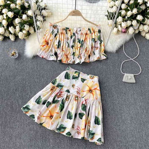 

fashion age reduction suit summer one-shoulder short women's all-match high-waist skirt vacation two-piece set gl082 210507, White