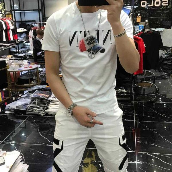 

w2062 men's summer new personality trend slim hat printing fashion brand net red short sleeve t-shirt men's round neck fashion, White;black