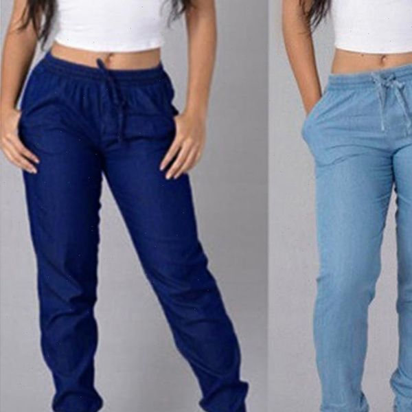 

womens pant elastic waist casual pants high jeans blue denim brand jogger solid, Black;white