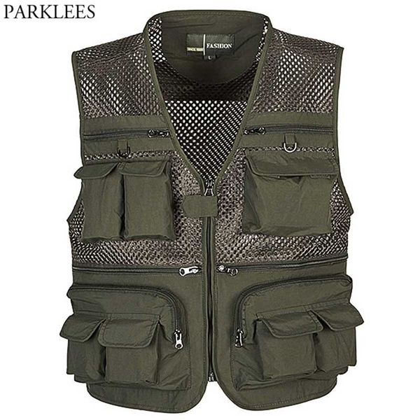 

army green mesh thin multi pocket vest men casual 7 colors sleeveless cargo work vest for fishing climbing pography 5xl 210522, Black;white