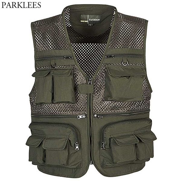 Maglia verde militare Sottile Gilet multitasche Uomo Casual 7 colori Gilet da lavoro senza maniche Cargo per la pesca Arrampicata Pography 5XL 210522