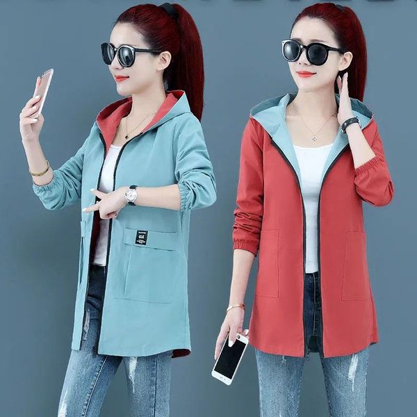 

women's jackets spring autumn women jacket mid-length zipper hooded two side wear outwear female casual loose coats clothes top, Black;brown