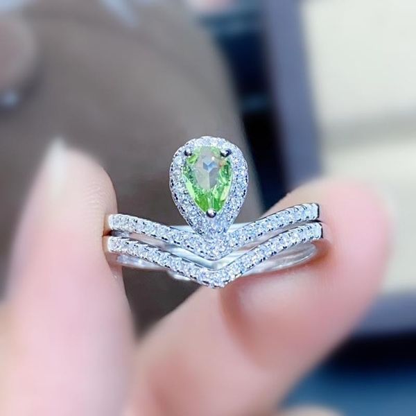

natural real green peridot or pyrope crown ring per jewelry 925 sterling silver 4*6mm 0.45ct gemstone fine j2012203 cluster rings, Golden;silver