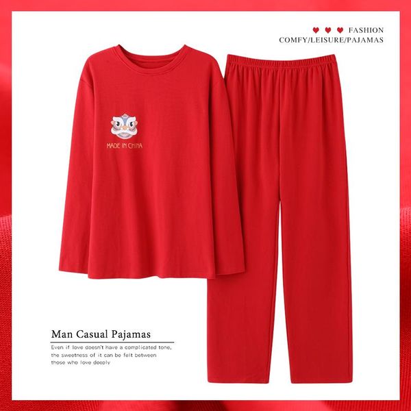 

men's sleepwear autumn winter men cotton pajamas set fashion chinese style red o-neck suit oversized long sleeve cartoon homewear, Black;brown
