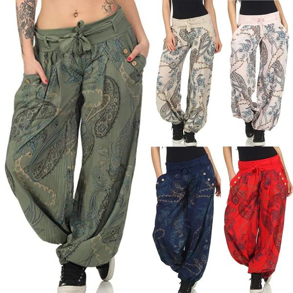 

women's pants & capris 40# drawstring wide leg women vintage print oversize pocket trousers casual button pantalones de mujer, Black;white