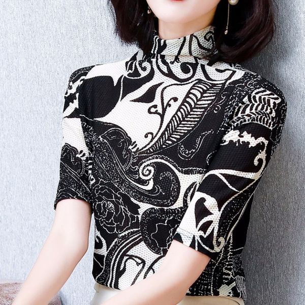 

t-shirt high collar printed half sleeve mesh t-shirt for women in summer 2021, White
