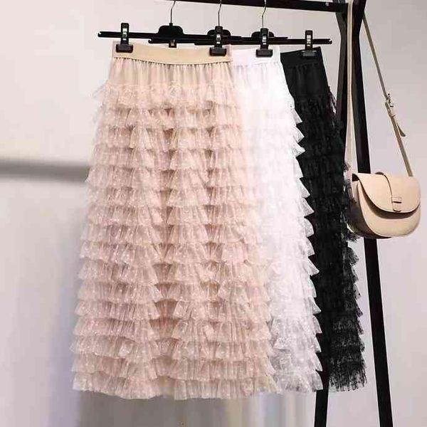 

Skirts skirts Spring y Cakee Layered Dotted Dobby A-line Maxi Gauze Korean Sweet ffy Tiered Ankle Long Tulle S 12LP, Black