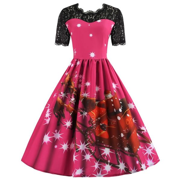

women's autumn and winter christmas lace dress lace backless short-sleeved positioning printing large swing skirt, Black;gray