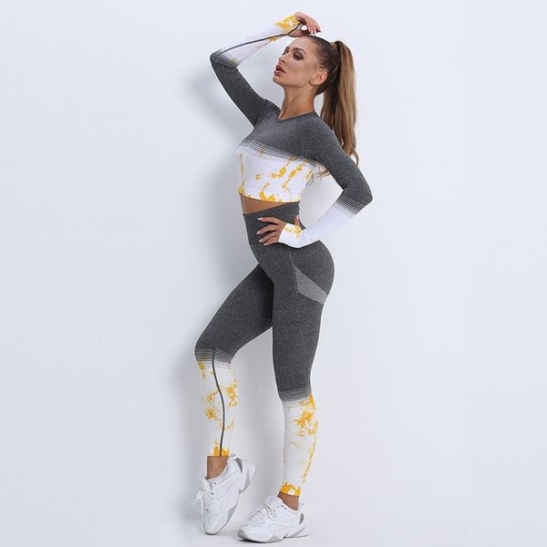 

new tie dyed long sleeved yoga women's high waist pants sports seamless quick drying fitness suit, Black