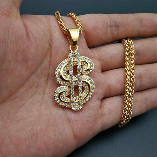 

chains hip hop men's gold color stainless steel necklace iced out cubic zirconia dollar sign rock pendant bling rapper hiphop jewerly, Silver