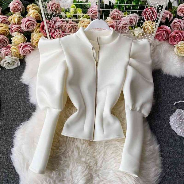 

oceanlove blusas mujer solid stand collar puff sleeve autumn ins high fashion women blouses vintage korean elegant shirts 19024, White