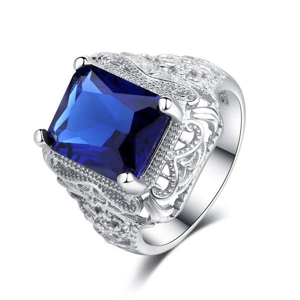 

cluster rings square large blue zircon wedding silver ring for women micro-inlaid simulation full drill party jewelry engagement, Golden;silver