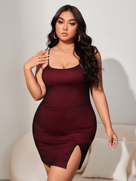 

plus contrast binding split hem bodycon dress d40q#, Black