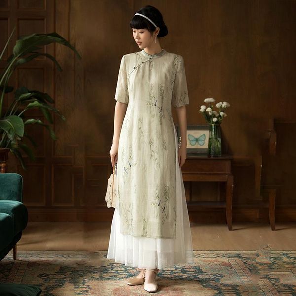 

ramie chinese style modified aodai qipao dress zen tea design national fashion women's wear ethnic clothing, Red