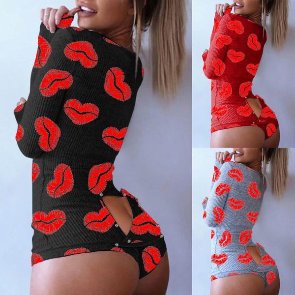 

women's jumpsuits & rompers women button-down lip print functional buttoned flap adults playsuit romper onesies sleepwear open bubodysu, Black;white
