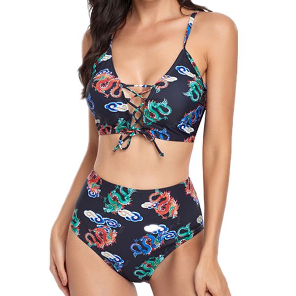 

women's swimmer 2021 swimsuit female v-neck tie dye printed bikini high waist split, White;black