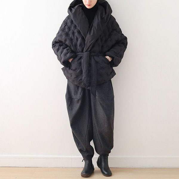 

johnature women black parkas hooded belt loose autumn winter women warm coats vintage cloths original parkas coats 210521