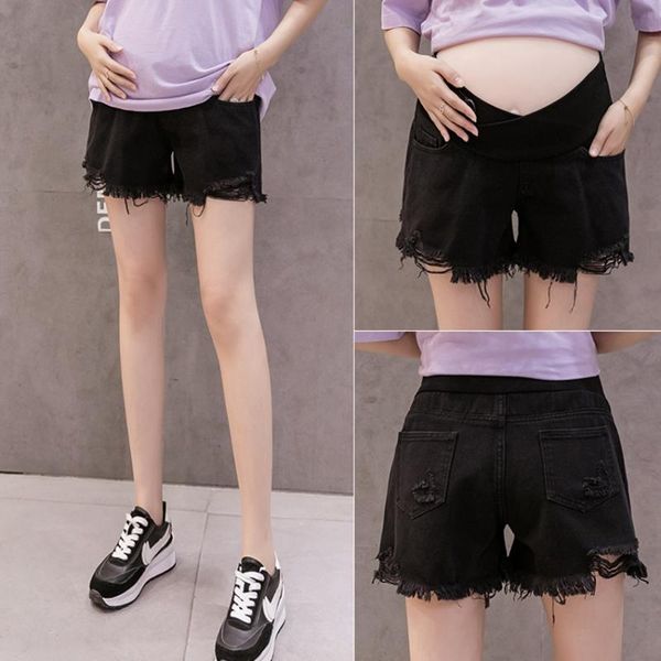 

maternity bottoms pants denim shorts summer models loose holes black white thin section a word pregnant stomach lift