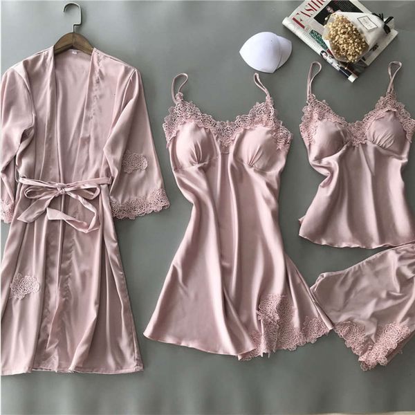 

women's women pajamas 4 pieces satin sleepwear imitation silk wear home clothing lace sleep lounge pyjama with chest pads e46s, Black;red