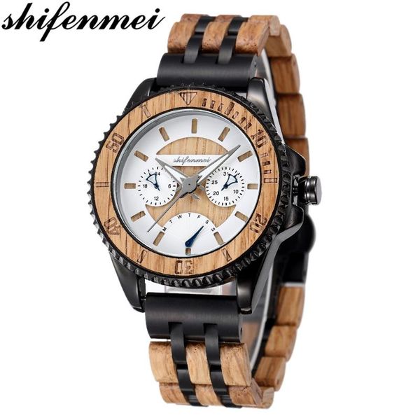 

wristwatches shifenmei men's watches wood chronograph sports quartz clock men wooden calendar retro wristwatch male relogio masculino, Slivery;brown