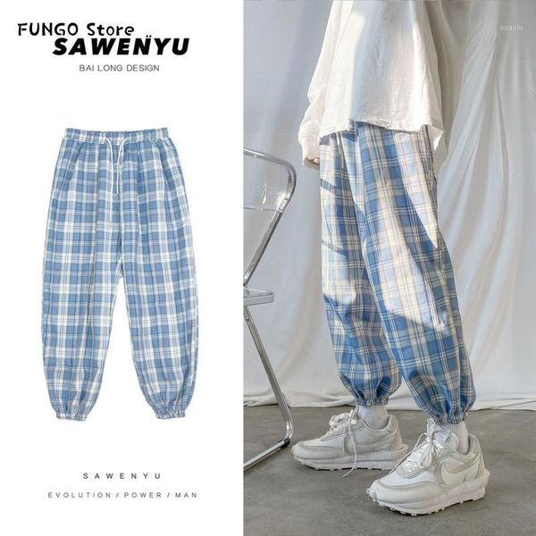 

autumn korean plaid pants men's fashion retro drawstring casual men streetwear loose hip hop straight trousers, Black