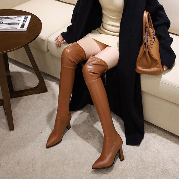 

boots super high heel thin leather face slim fit pointed elastic over knee tube oversized thigh, Black