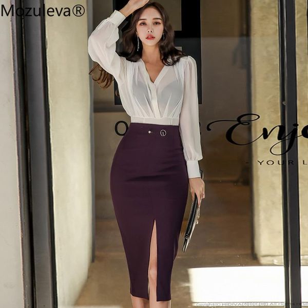

two piece dress korea clothing sets spring v-neck ol chiffon blouse bodycon pencil midi skirt women's split 2 set office suit dresses, White