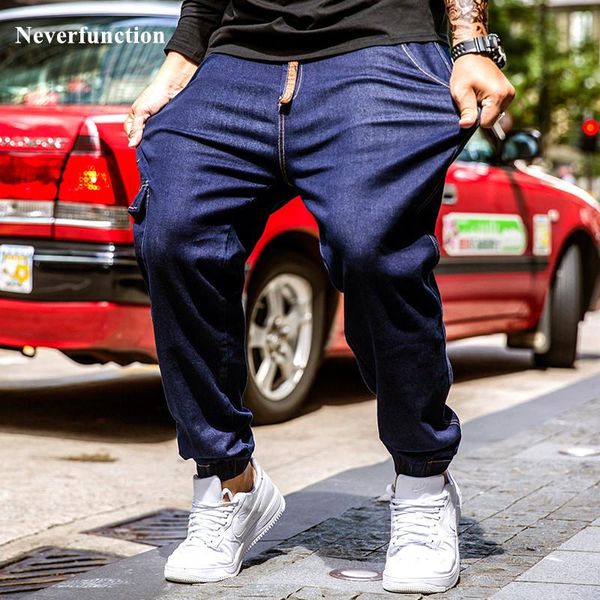 

men streetwear simple blue multi-pocket straight jeans hip hop cotton man motorcycle elastic waist casual joggers denim trousers men's