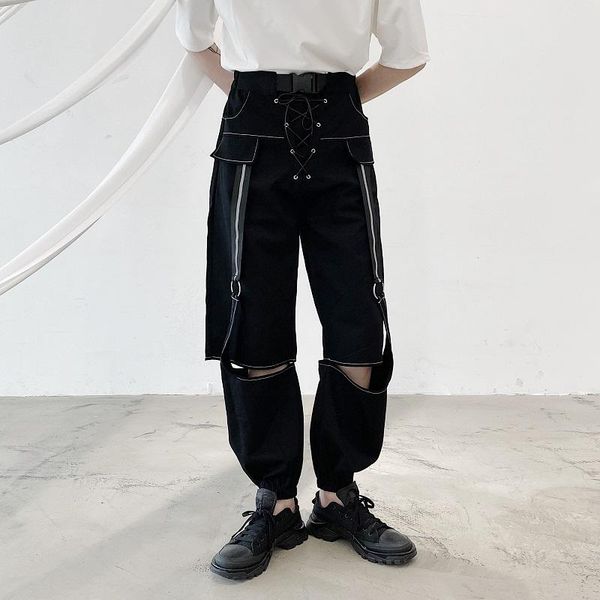 

men's pants 2021 japanese streetwear hip-hop gothic men bandage hole casual pant male couple overalls trousers harem stage clothing, Black